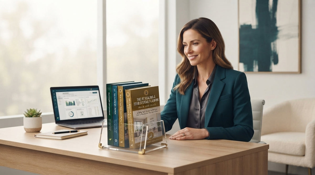 A professional healthcare practitioner sitting at a desk with three AI growth system books, representing successful business 