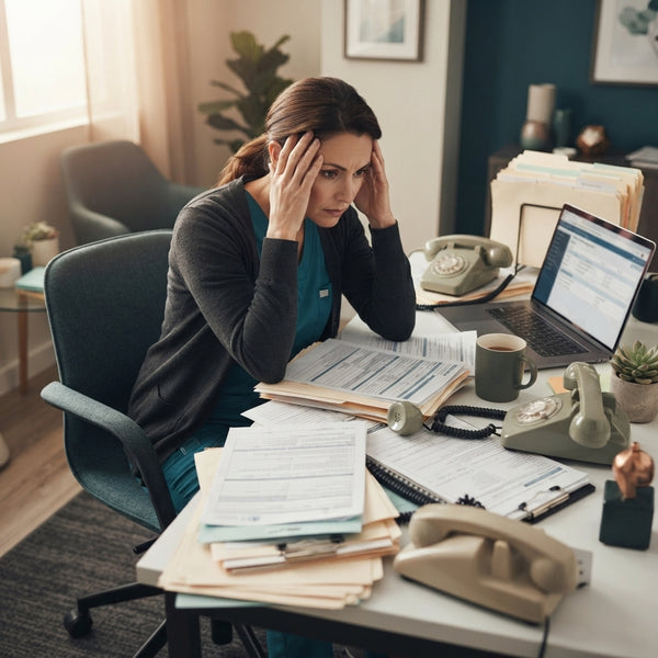 A healthcare professional at a cluttered office desk overwhelmed by paperwork and phone calls, representing administrative bu