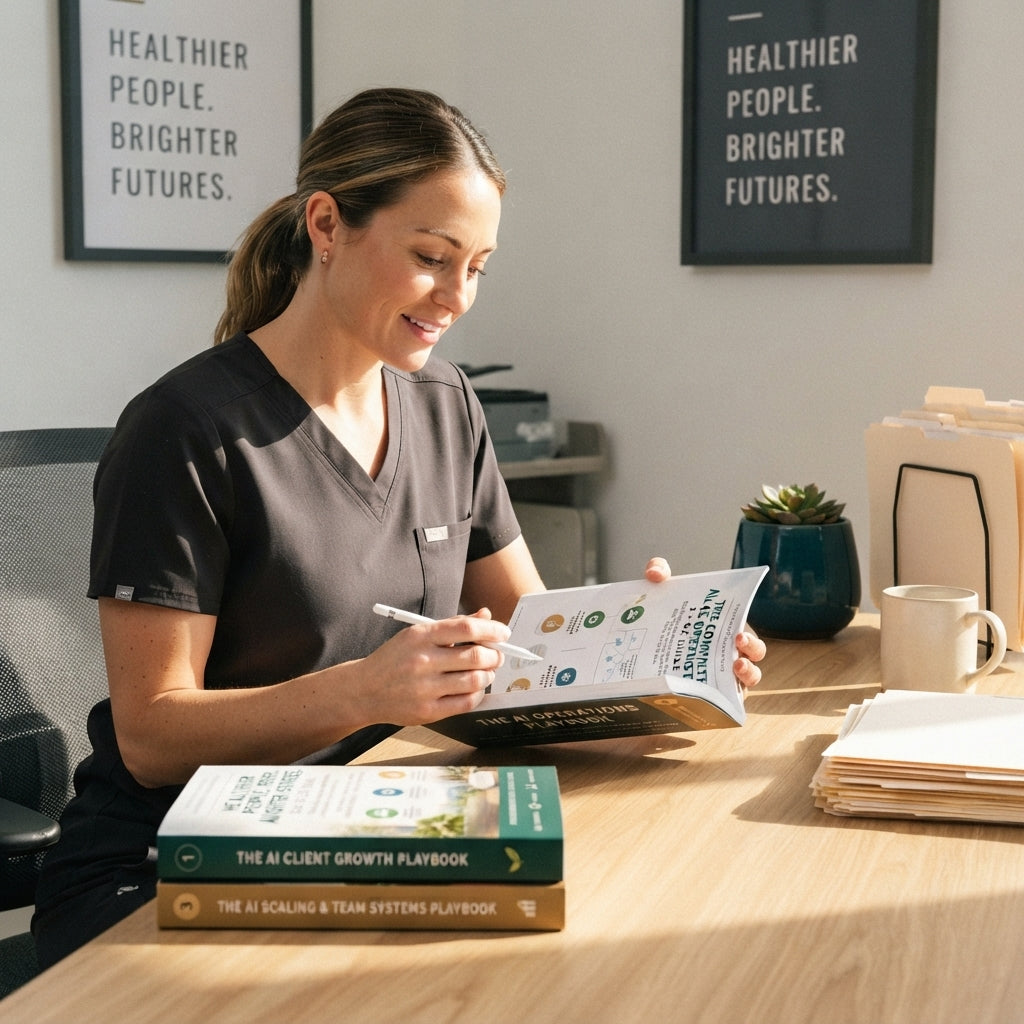 A healthcare practitioner reading a copy of The Complete AI Growth System in a bright, modern clinic office.