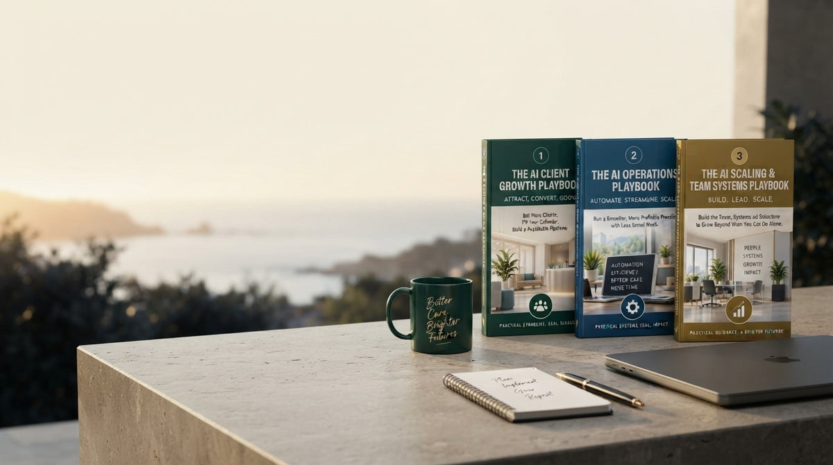 Three professional guidebooks on a minimalist desk overlooking a blurred coastal landscape at sunrise.